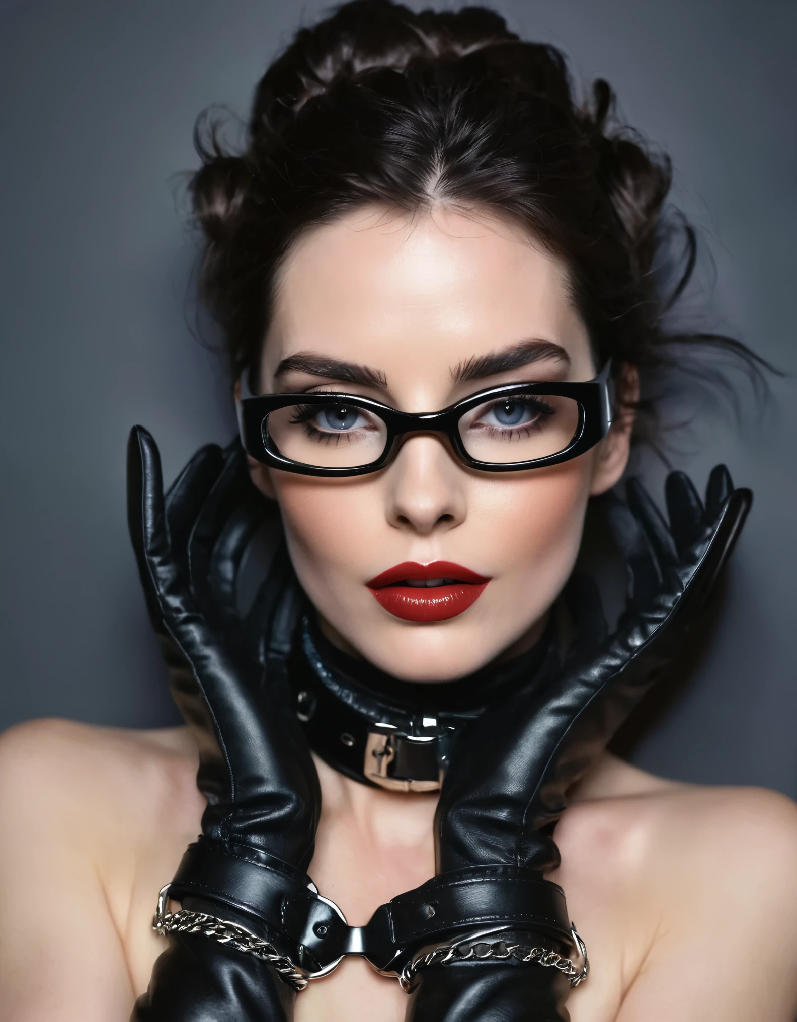 A polaroid shot of an intelligent 35-year-old dominant brunette with disheveled hair, a very thin face, pale white skin, very high cheekbones, large full lips, the largest lips, small glasses, deep mouth, dark plump glossy lips, very bright makeup. Very thin. Naked sexy model. in bdsm style. Wearing in leather gloves. A magnificent hairstyle. Shiny steel bracelets on top of black gloves. and Shiny steel bracelet necklaces are on her wrists. She wears a leather harness over her head and face. Leather garters on his feet. A sexy pose. 