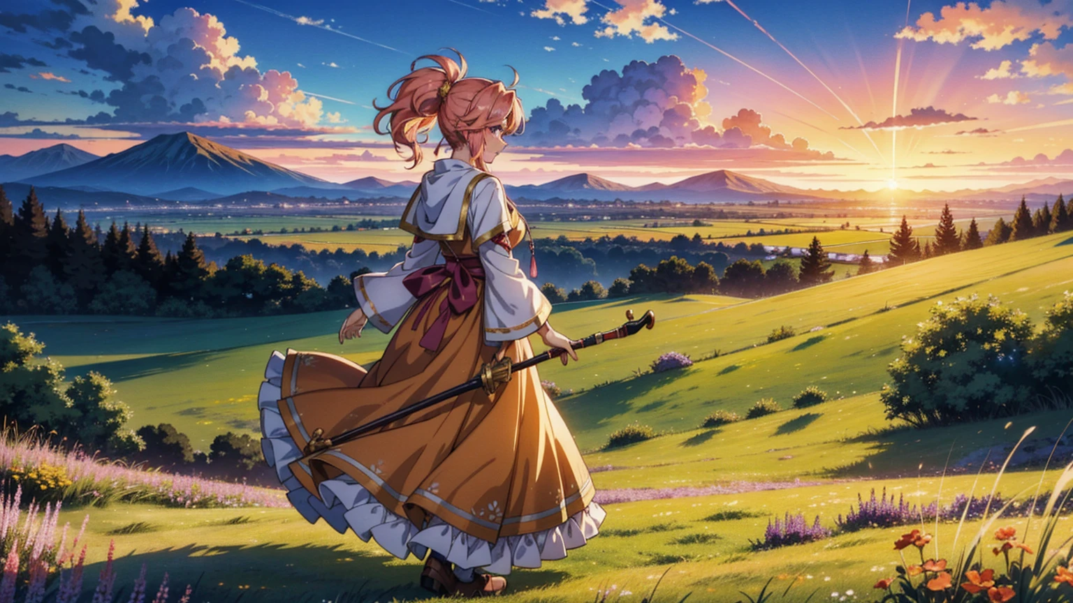 Un 16:9 illustrations de style anime représentant une barde en voyage au coucher du soleil. Le barde est habillé en fluide, tenue colorée, avec un instrument de musique, comme un luth ou une harpe, en bandoulière sur son dos. Elle marche le long d&#39;un chemin à travers une vaste prairie, avec la lueur chaude du soleil couchant projetant de longues ombres. Le vent souffle doucement, faisant flotter ses cheveux et ses vêtements. L&#39;arrière-plan présente des collines, montagnes lointaines, et un ciel peint avec des teintes vibrantes d&#39;orange, rose, et violet. L&#39;atmosphère est sereine et pleine d&#39;aventure.