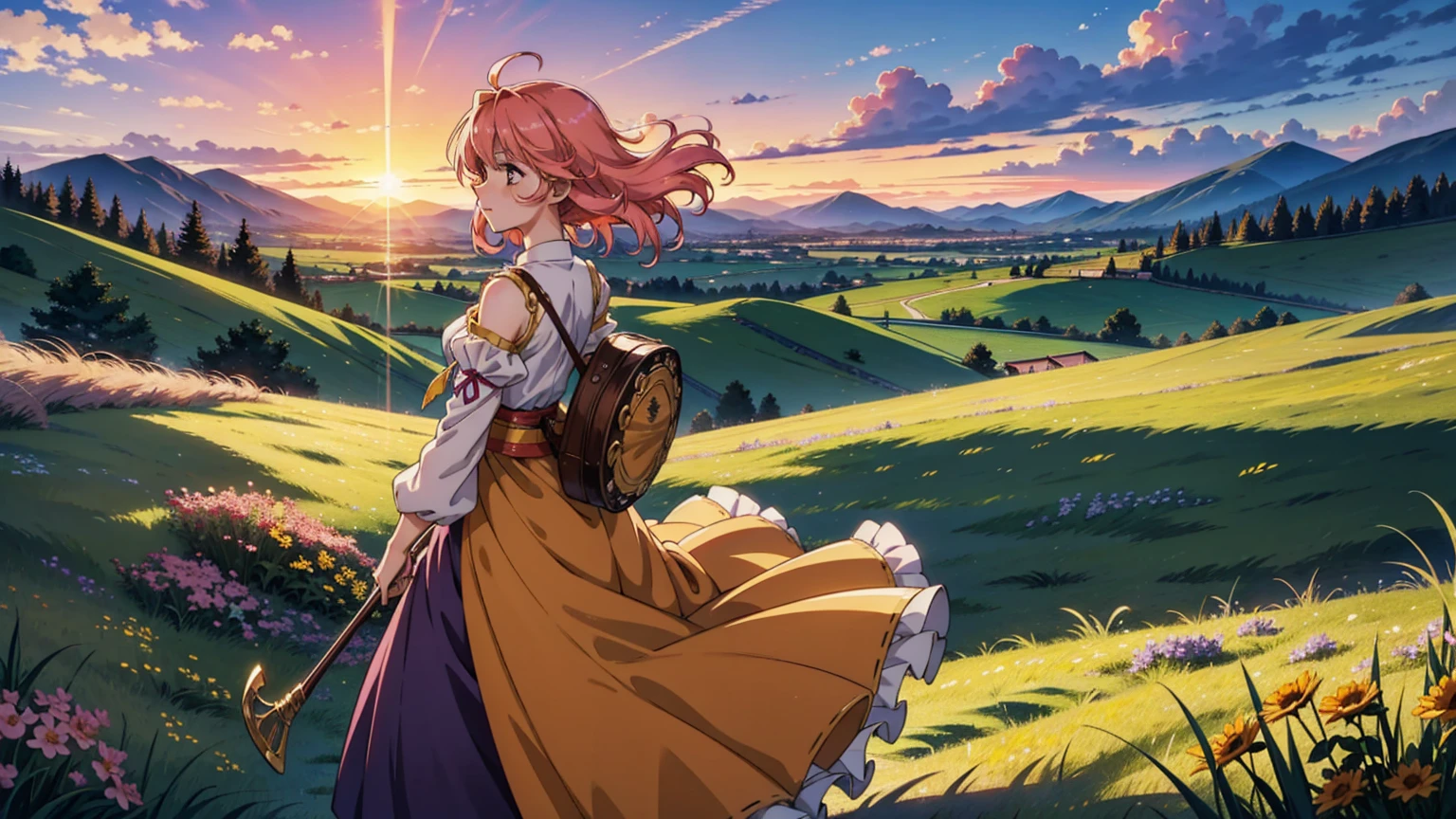 A 16:9 anime-style illustration depicting a female bard on her journey at sunset. The bard is dressed in flowing, colorful attire, with a musical instrument, such as a lute or harp, slung over her back. She is walking along a path through a vast grassland, with the warm glow of the setting sun casting long shadows. The wind is gently blowing, causing her hair and clothes to flutter. The background features rolling hills, distant mountains, and a sky painted with vibrant hues of orange, pink, and purple. The atmosphere is serene and full of adventure.