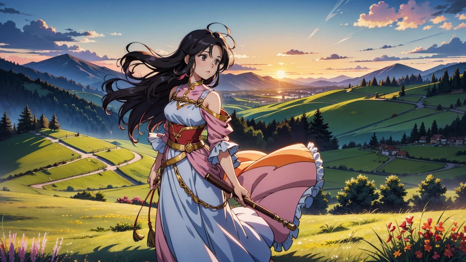 A 16:9 anime-style illustration depicting a female bard on her journey at sunset. The bard is dressed in flowing, colorful attire, with a musical instrument, such as a lute or harp, slung over her back. She is walking along a path through a vast grassland, with the warm glow of the setting sun casting long shadows. The wind is gently blowing, causing her hair and clothes to flutter. The background features rolling hills, distant mountains, and a sky painted with vibrant hues of orange, pink, and purple. The atmosphere is serene and full of adventure.