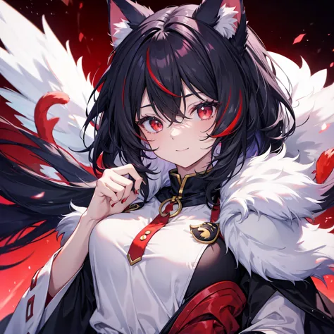 ((((Beastman　Cat paw　Cat ear))))　(((Fantasy　Black Hair　Dye the inside of your hair red　Long Hair　Dull red eyes)))　((Crystal Wing...