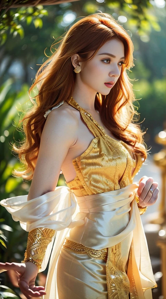 Photorealistic Production, (One Person), (Realistic Image of a 25 Years Old British Female Model), (Shoulder-level Wavy Ginger Hair:1.6), (Athletic Body Builds:1.4), (Pale Skin:1.4), (Wearing a White Ornated Kebaya Dress with Silk Cloth and Golden Jeweleries:1.6), (Serious Face), (Deep Cleavage), (Elegant Pose:1.6), Centered, (Waist-up Shot:1.4), From Front Shot, Insane Details, Intricate Face Detail, Intricate Hand Details, Cinematic Shot and Lighting, Realistic Colors, Masterpiece, Sharp Focus, Ultra Detailed, Taken with DSLR camera, Realistic Photography, Depth of Field, Incredibly Realistic Environment and Scene, Master Composition and Cinematography