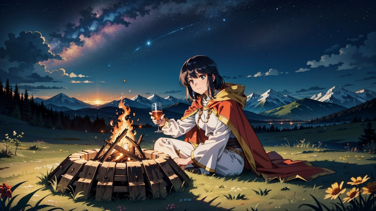 A 16:9 anime-style illustration depicting a female adventurer resting by a campfire on a hill. She is dressed in fantasy attire, including a cloak and light armor. She is sitting by the fire, holding a drink and enjoying a moment of relaxation. The night sky is filled with stars, and the glow of the fire illuminates her face. The hill is covered in grass and wildflowers, and there are distant mountains in the background. The atmosphere is peaceful and serene.