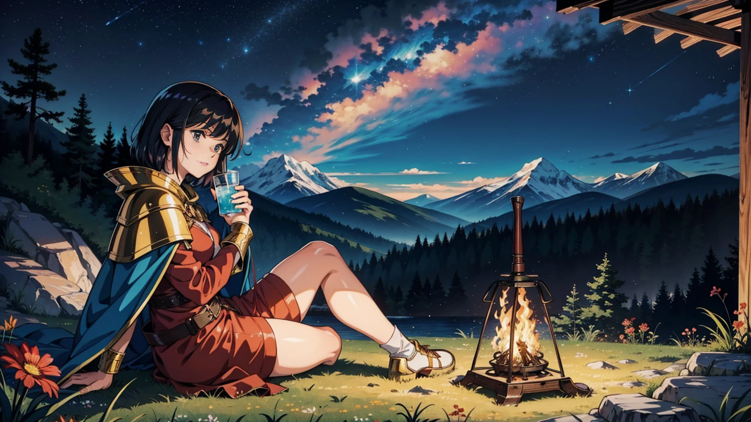 A 16:9 anime-style illustration depicting a female adventurer resting by a campfire on a hill. She is dressed in fantasy attire, including a cloak and light armor. She is sitting by the fire, holding a drink and enjoying a moment of relaxation. The night sky is filled with stars, and the glow of the fire illuminates her face. The hill is covered in grass and wildflowers, and there are distant mountains in the background. The atmosphere is peaceful and serene.