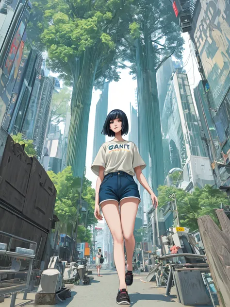 Giant woman、Long legs、Shorts、I&#39;m not wearing underwear、Sexy figure、Stomp on a car、Wearing long boots、Oversized T-shirt、Eroti...