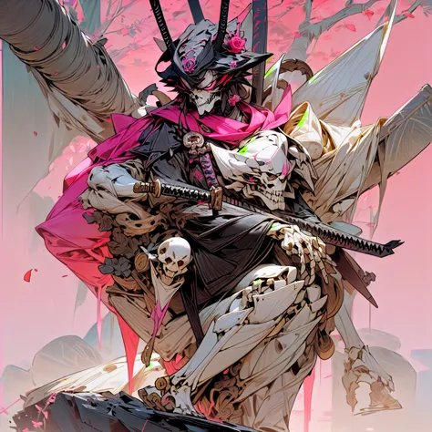 ((Samurai  ), wearing an Exu skeleton, wearing a Ronin mask,((Sitting on a rock )) art with rose details, asul seleste, and a ga...