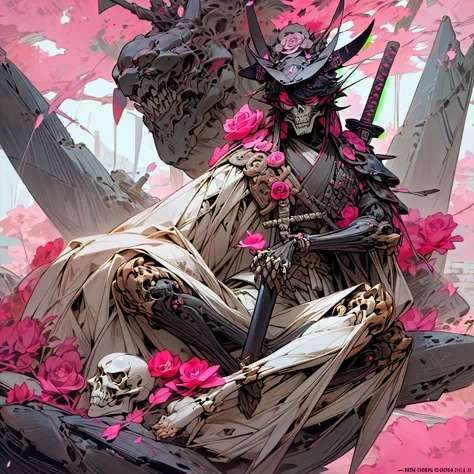 ((Samurai  ), wearing an Exu skeleton, wearing a Ronin mask,((Sitting on a rock )) art with rose details, asul seleste, and a ga...