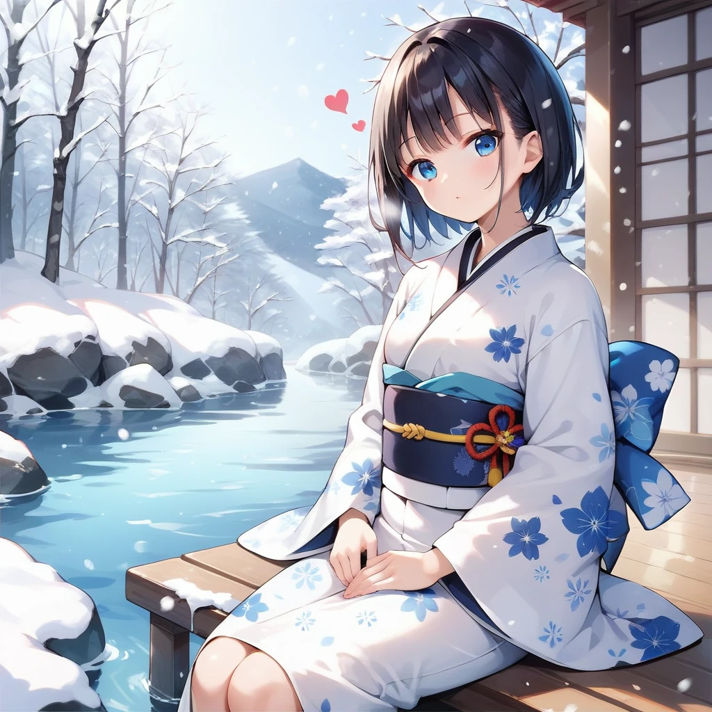 score_9, score_8_superior, score_7_superior, One girl, alone, View your viewers, short hair, bangs, blue eyes, Black Hair, Long sleeve, Sitting, Mouth closed, Outdoor, kimono, Wide sleeves, kimono, water, sash, heart, Floral print, snow, snowing, white kimono, print kimono