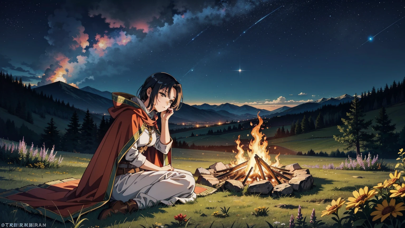 Un 16:9 illustrations de style anime représentant une aventurière se reposant près d&#39;un feu de camp sur une colline. Elle est habillée d&#39;une tenue fantastique, comprenant une cape et une armure légère. Elle est assise près du feu, tenant un verre et profitant d&#39;un moment de détente. Le ciel nocturne est rempli d&#39;étoiles, et la lueur du feu illumine son visage. La colline est couverte d&#39;herbe et de fleurs sauvages, et il y a des montagnes lointaines en arrière-plan. L’atmosphère est paisible et sereine.