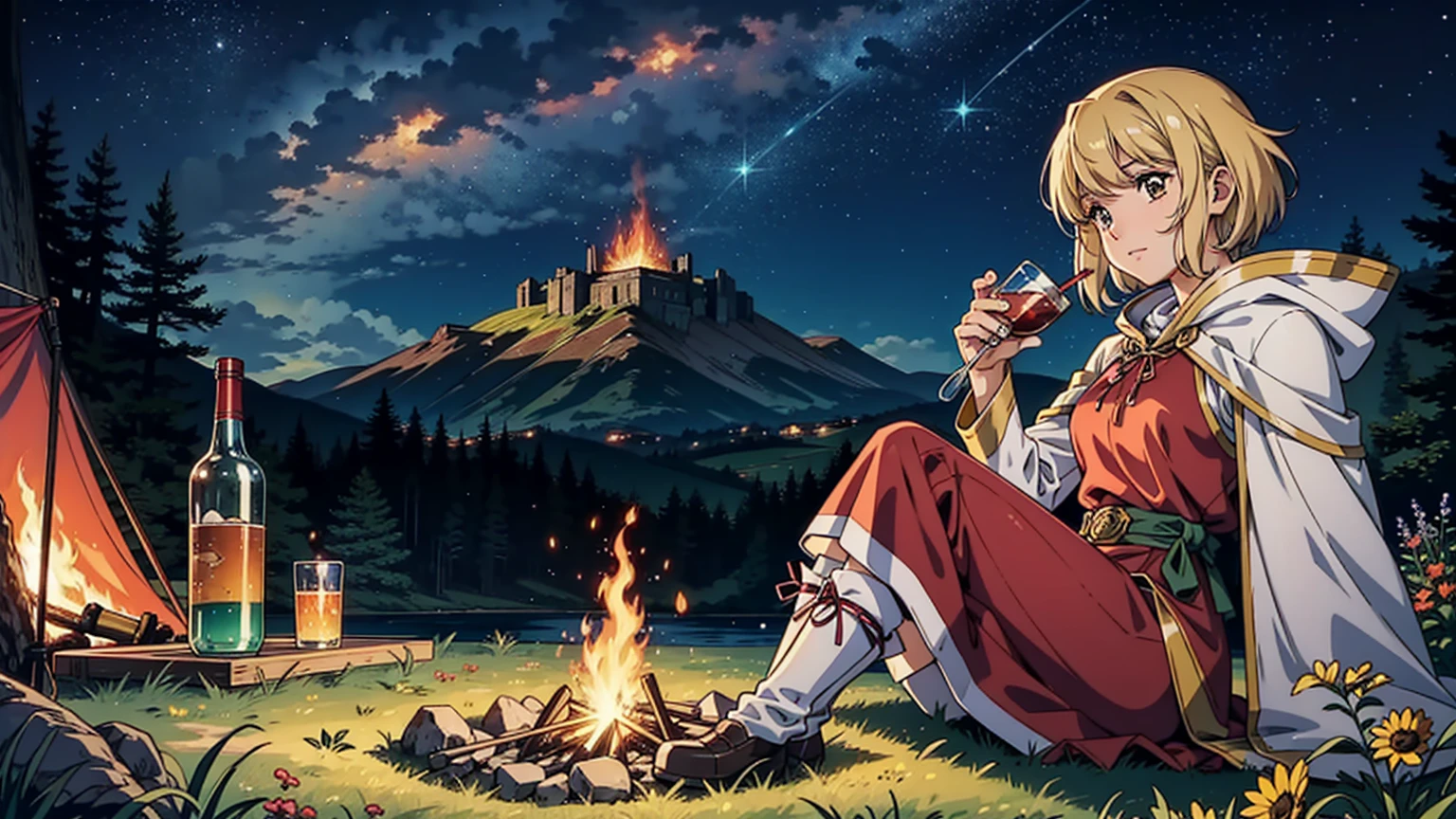 Un 16:9 illustrations de style anime représentant une aventurière se reposant près d&#39;un feu de camp sur une colline. Elle est habillée d&#39;une tenue fantastique, comprenant une cape et une armure légère. Elle est assise près du feu, tenant un verre et profitant d&#39;un moment de détente. Le ciel nocturne est rempli d&#39;étoiles, et la lueur du feu illumine son visage. La colline est couverte d&#39;herbe et de fleurs sauvages, et il y a des montagnes lointaines en arrière-plan. L’atmosphère est paisible et sereine.