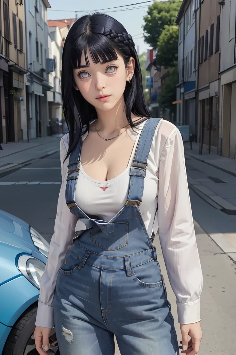 tmasterpiece， best qualityer， ultra - detailed， illustration，1girll，
long whitr hair，dark-blue hair，french braid，Purple eye，bluntbangs，cleavage，Large breasts
shirt，（jeans overalls：1.1），
mideum breasts， 
looking at viewert，hyouka/（Boruto/），Detailed lips