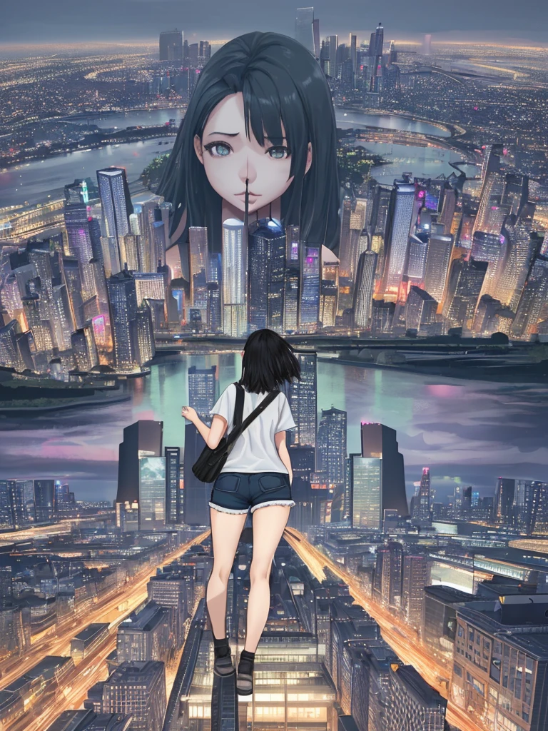 Size fetish、The background is the city、A giant girl in the city、Long legs、Shorts、I&#39;m not wearing underwear、Sexy figure、The building is shorter than her.、Wearing long boots、Oversized T-shirt、Erotic、