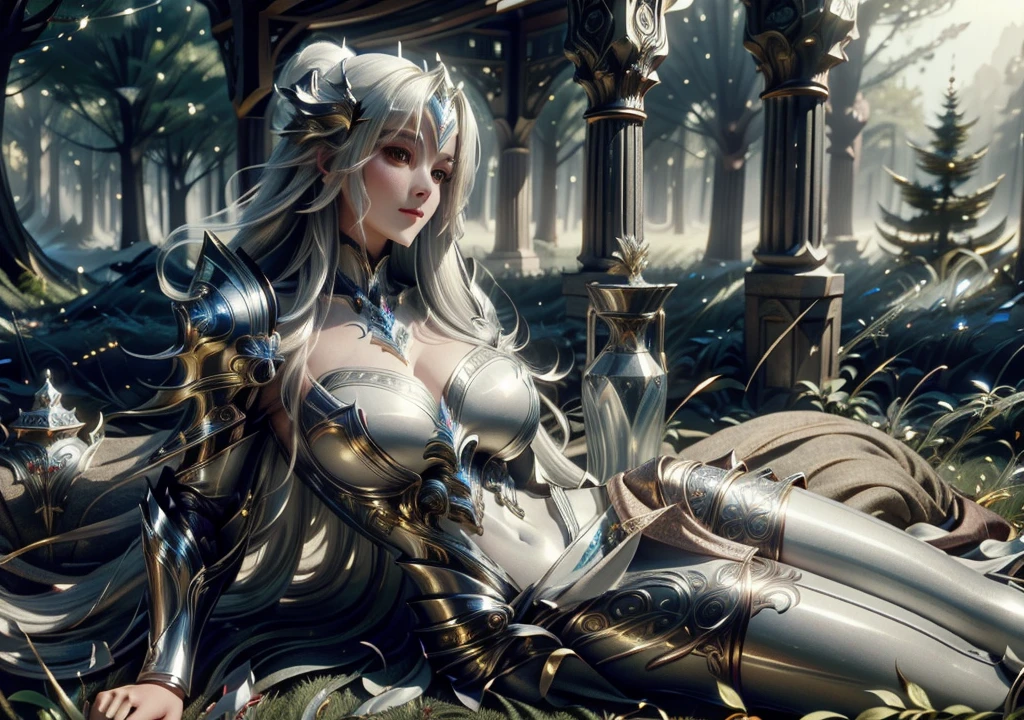 Forest there is a beautiful goddess with long white hair, lying on the grass she wears express medieval armor covering her entire body with silver armor with gold details with blue Templar plastic with medium and perfect breasts