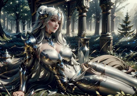 Forest there is a beautiful goddess with long white hair, lying on the grass she wears express medieval armor covering her entir...