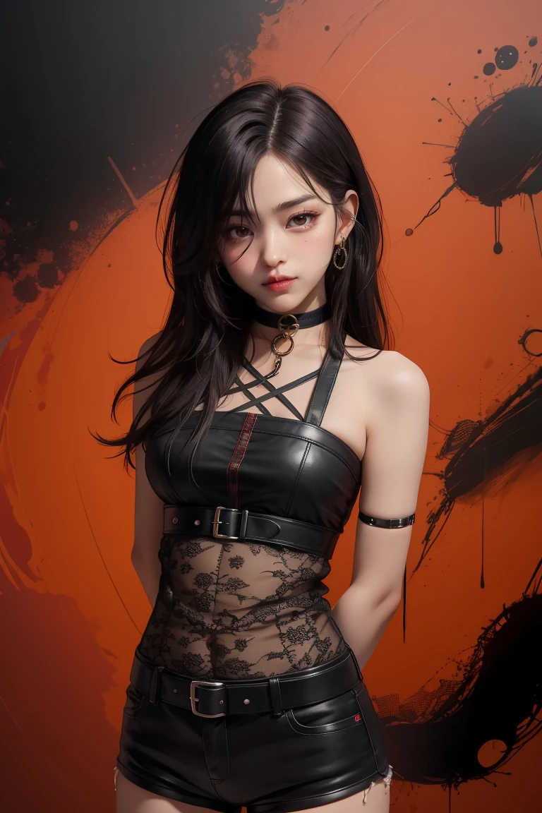 best quality, intricate details, chromatic aberration, 1girl, long hair, black hair, messy hair, red highlights, hair over one eye, red eyes, sharp eyes, choker,, , armbinder, arms behind back, bound arms,  