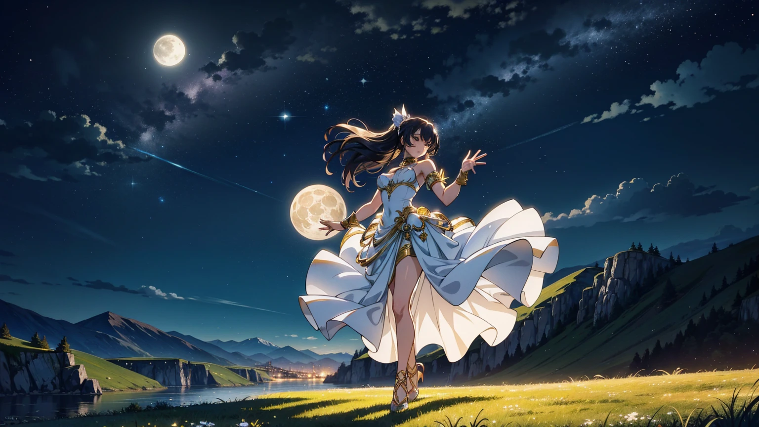 A 16:9 ilustração de estilo anime retratando uma dançarina se apresentando sob a luz da lua. A dançarina está vestida com roupas fluidas, elegantes com detalhes intrincados, e ela dança graciosamente em um campo gramado. O céu noturno é iluminado por uma grande, lua brilhante e estrelas cintilantes. A cena é mágica e serena, com a luz da lua lançando um brilho suave na dançarina e na paisagem ao redor. O fundo apresenta colinas onduladas e montanhas distantes, aumentando a atmosfera encantadora.