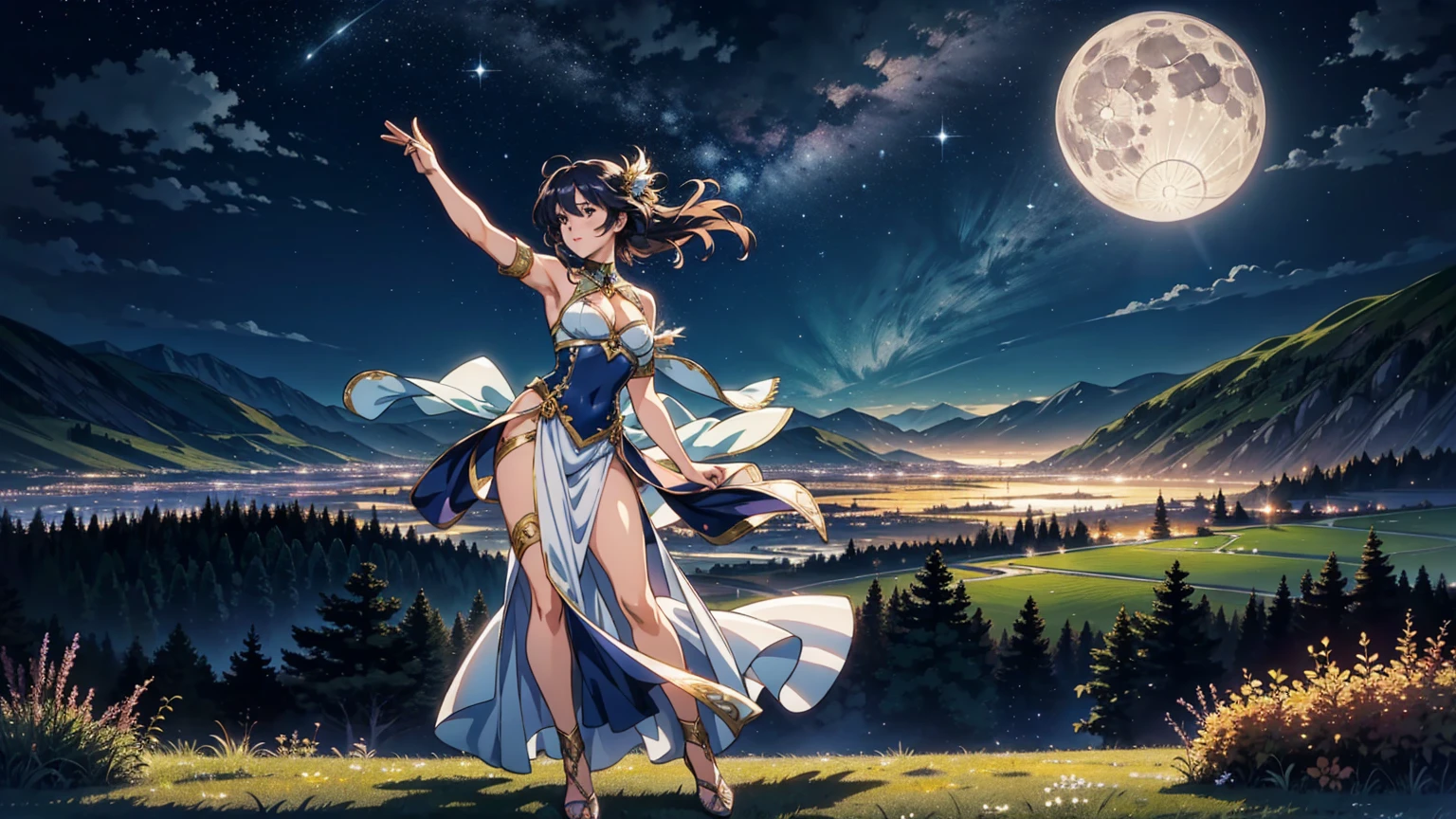 A 16:9 anime-style illustration depicting a dancer performing under the moonlight. The dancer is dressed in flowing, elegant attire with intricate details, and she is gracefully dancing on a grassy field. The night sky is illuminated by a large, bright moon and twinkling stars. The scene is magical and serene, with the moonlight casting a soft glow on the dancer and the surrounding landscape. The background features rolling hills and distant mountains, adding to the enchanting atmosphere.