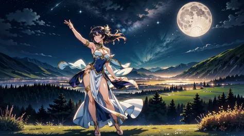 A 16:9 anime-style illustration depicting a dancer performing under the moonlight. The dancer is dressed in flowing, elegant att...