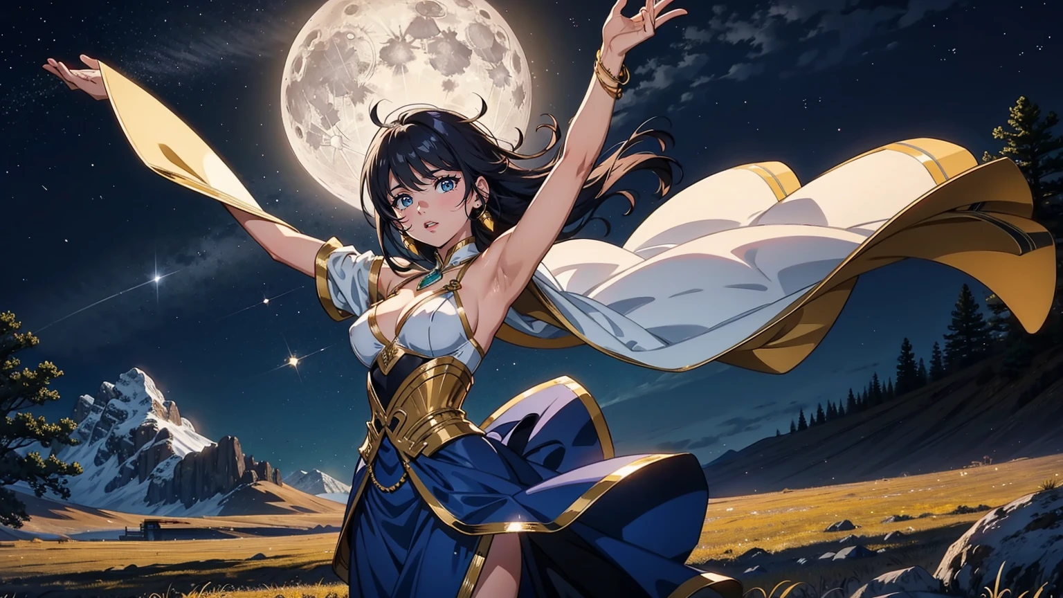 A 16:9 ilustração de estilo anime retratando uma dançarina se apresentando sob a luz da lua. A dançarina está vestida com roupas fluidas, elegantes com detalhes intrincados, e ela dança graciosamente em um campo gramado. O céu noturno é iluminado por uma grande, lua brilhante e estrelas cintilantes. A cena é mágica e serena, com a luz da lua lançando um brilho suave na dançarina e na paisagem ao redor. O fundo apresenta colinas onduladas e montanhas distantes, aumentando a atmosfera encantadora.