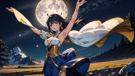 A 16:9 anime-style illustration depicting a dancer performing under the moonlight. The dancer is dressed in flowing, elegant att...