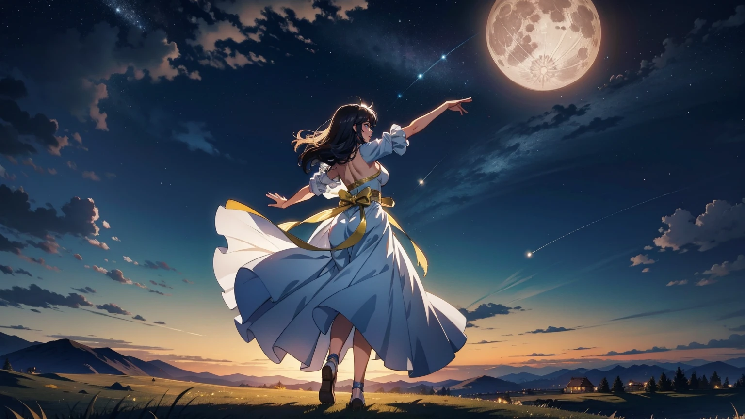 Eine 16:9 Illustrationen im Anime-Stil, die einen Tänzer zeigen, der im Mondlicht auftritt. Die Tänzerin ist gekleidet in fließende, elegante Kleidung mit aufwendigen Details, und sie tanzt anmutig auf einer Wiese. Der Nachthimmel wird erhellt durch eine große, heller Mond und funkelnde Sterne. Die Szene ist magisch und heiter, während das Mondlicht einen sanften Schein auf die Tänzerin und die umgebende Landschaft wirft. Der Hintergrund zeigt sanfte Hügel und ferne Berge, und trägt zur bezaubernden Atmosphäre bei.