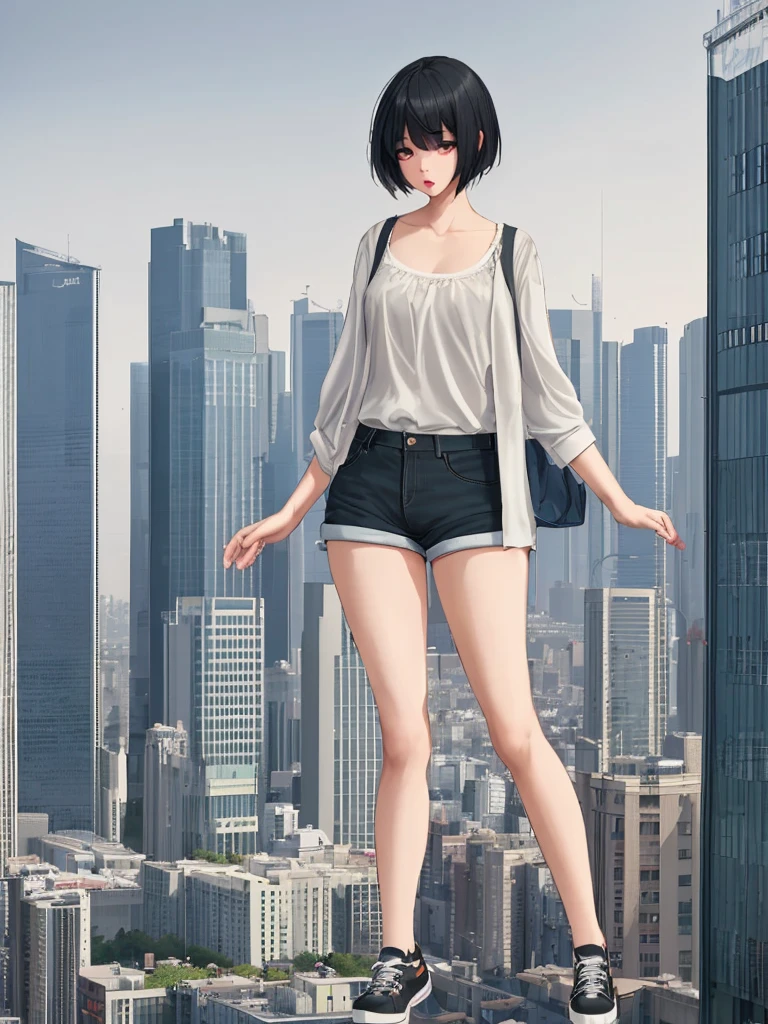 Fétiche de taille、Le fond est la ville、Une fille géante dans la ville、Longues jambes、shorts、je&#39;je ne porte pas de sous-vêtements、silhouette sexy、Le bâtiment est plus bas qu'elle..、porter des bottes longues、T-shirt oversize、érotique、