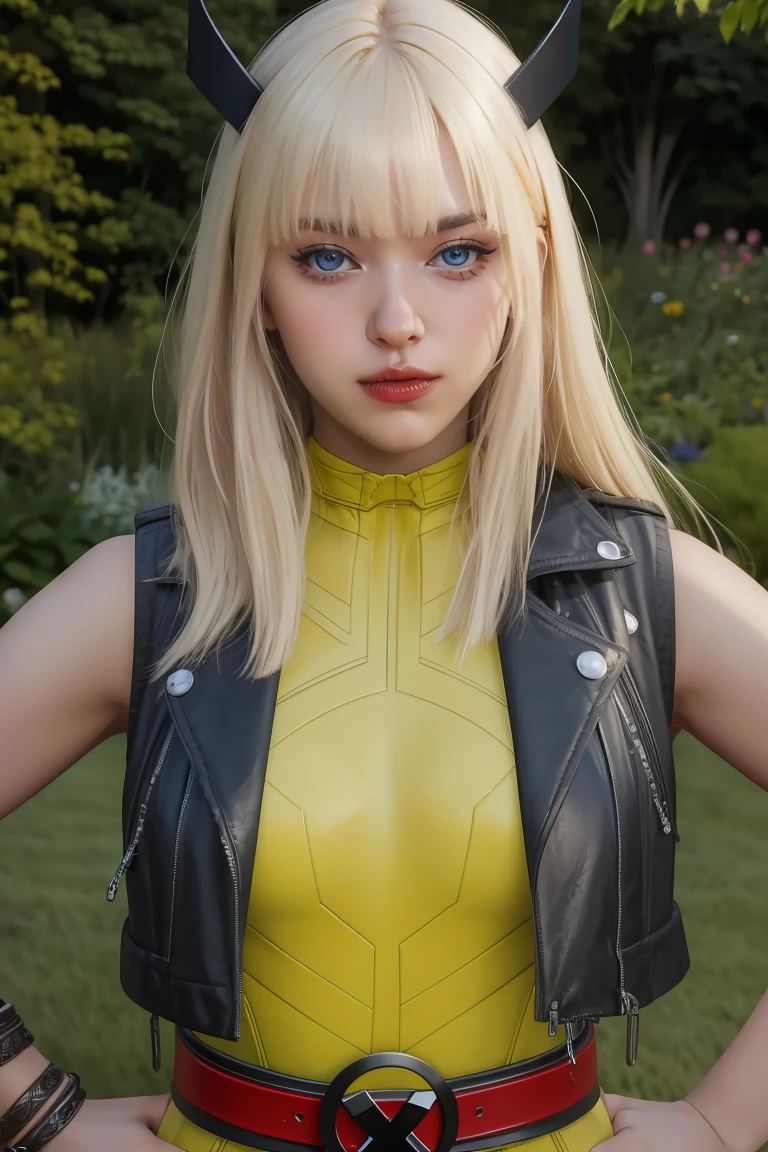 magik,blond hair,blue eyes,horns,bangs,
bodysuit,x belt,open black vest,armored left arm,single gauntlet,
standing,upper body,smile,
night,garden,
(insanely detailed, beautiful detailed face,beautiful detailed eyes, masterpiece, best quality),solo,