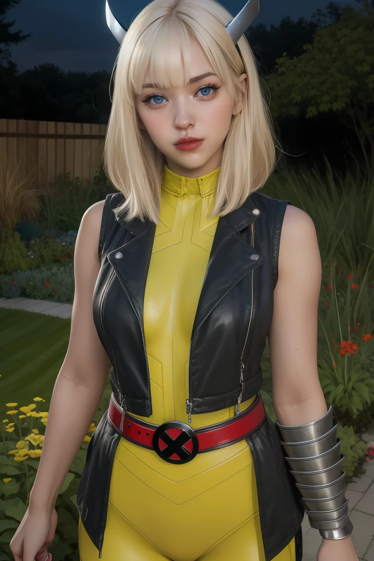 magik,blond hair,blue eyes,horns,bangs,
bodysuit,x belt,open black vest,armored left arm,single gauntlet,
standing,upper body,smile,
night,garden,
(insanely detailed, beautiful detailed face,beautiful detailed eyes, masterpiece, best quality),solo,