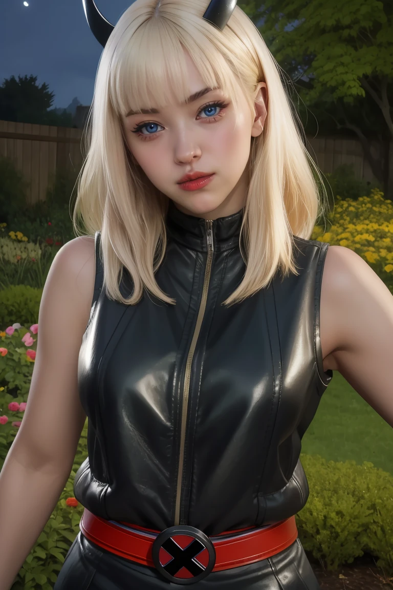 magik,blond hair,blue eyes,horns,bangs,
bodysuit,x belt,open black vest,armored left arm,single gauntlet,
standing,upper body,smile,
night,garden,
(insanely detailed, beautiful detailed face,beautiful detailed eyes, masterpiece, best quality),solo,