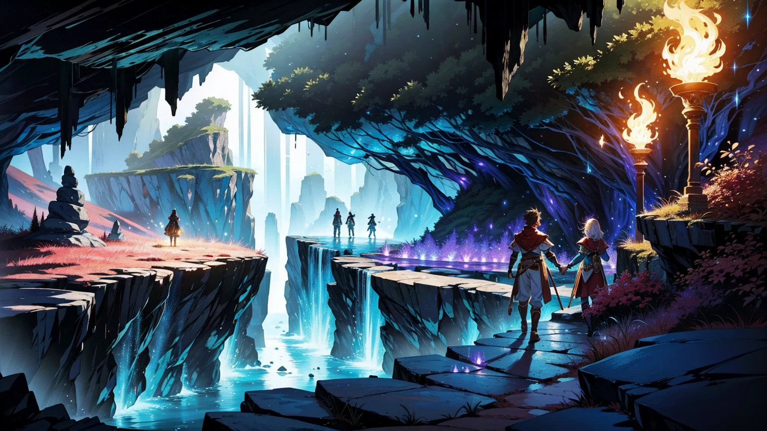 A 16:9 anime-style illustration depicting a male and female adventurer exploring a fantastical cave. The adventurers are dressed in fantasy attire, including cloaks and light armor, and are carrying torches that cast a warm glow. The cave is filled with shimmering crystals, glowing fungi, and mysterious rock formations. The atmosphere is mystical and full of wonder, with the light from the torches reflecting off the cave walls and creating a magical ambiance. The adventurers are cautiously making their way through the cave, captivated by its beauty and mystery.