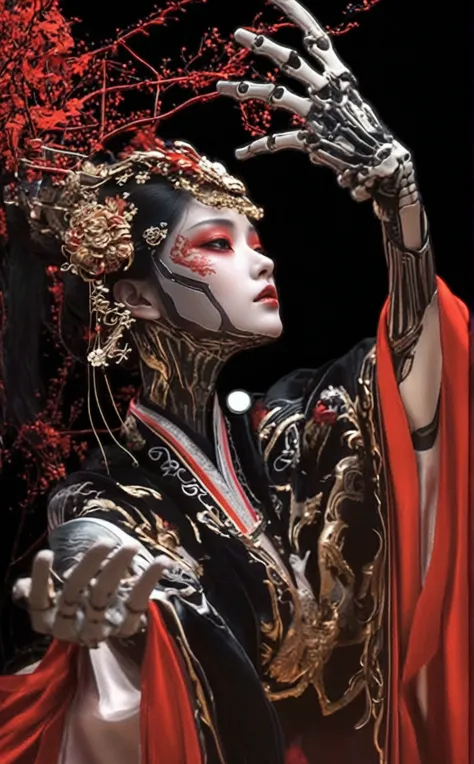 Close-up：A woman，Skeleton on hand，Draped in a red cloak, Japanese 3D 8K Ultra Detailed, Cyberpunk Geisha, Ghost in the Shell Gei...