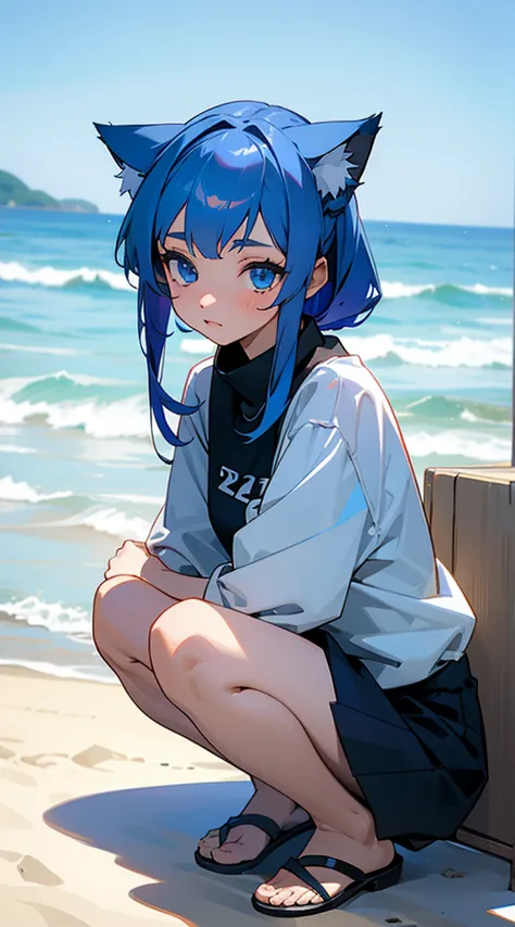 21-year old female neko blue hair and blue eyes at the beach