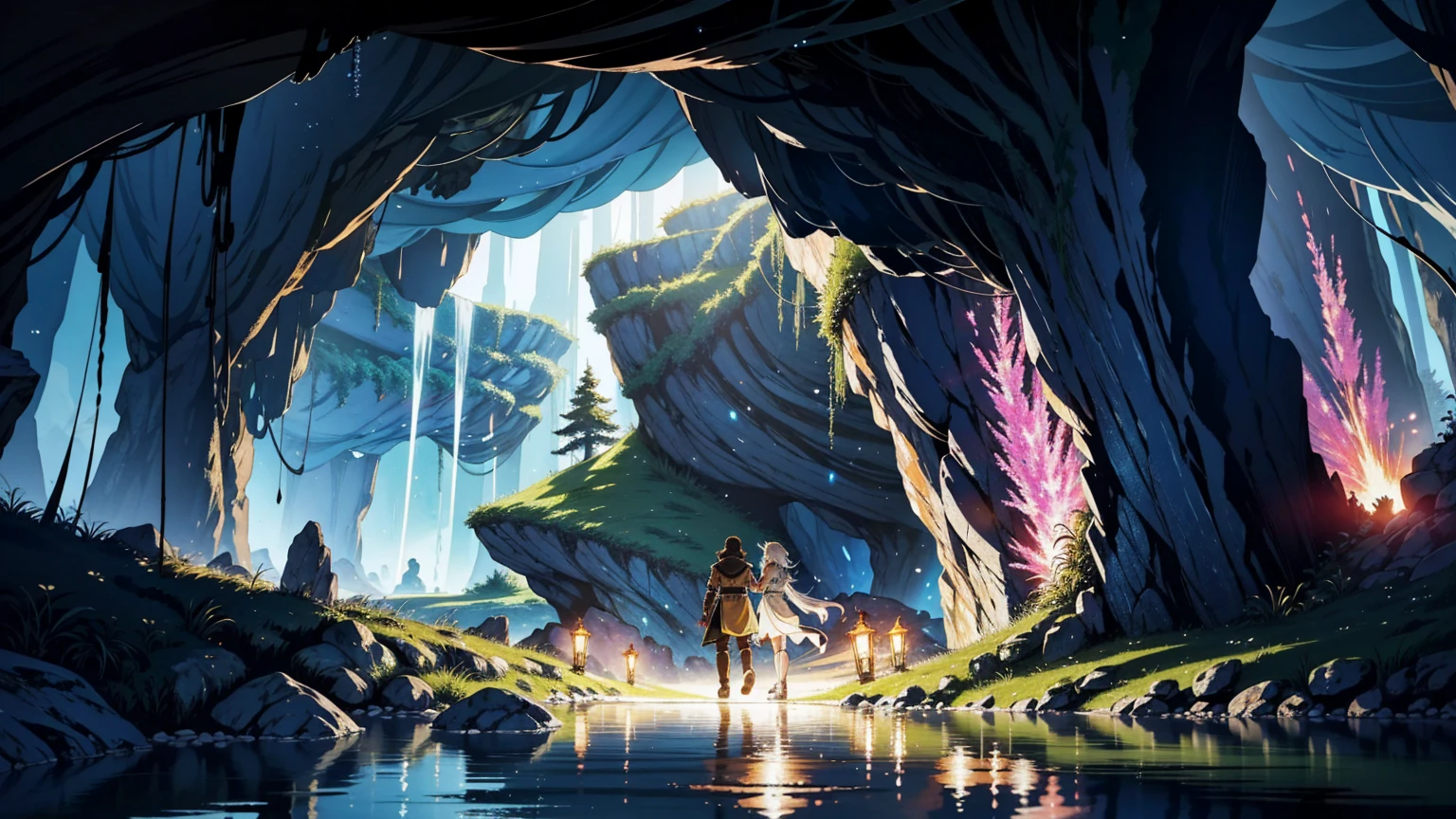 a 16:9 ilustraciones de estilo anime que representan a un aventurero masculino y femenino explorando una cueva fantástica. Los aventureros están vestidos con atuendos de fantasía, incluyendo capas y armaduras ligeras, y llevan antorchas que proyectan un cálido resplandor. La cueva está llena de cristales brillantes, Hongos resplandecientes, y misteriosas formaciones rocosas. La atmósfera es mística y llena de asombro, con la luz de las antorchas reflejándose en las paredes de la cueva y creando un ambiente mágico. Los aventureros avanzan con cautela por la cueva, cautivados por su belleza y misterio.