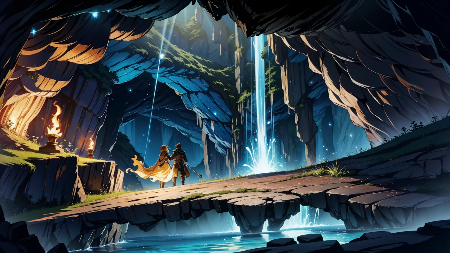 a 16:9 ilustraciones de estilo anime que representan a un aventurero masculino y femenino explorando una cueva fantástica. Los aventureros están vestidos con atuendos de fantasía, incluyendo capas y armaduras ligeras, y llevan antorchas que proyectan un cálido resplandor. La cueva está llena de cristales brillantes, Hongos resplandecientes, y misteriosas formaciones rocosas. La atmósfera es mística y llena de asombro, con la luz de las antorchas reflejándose en las paredes de la cueva y creando un ambiente mágico. Los aventureros avanzan con cautela por la cueva, cautivados por su belleza y misterio.