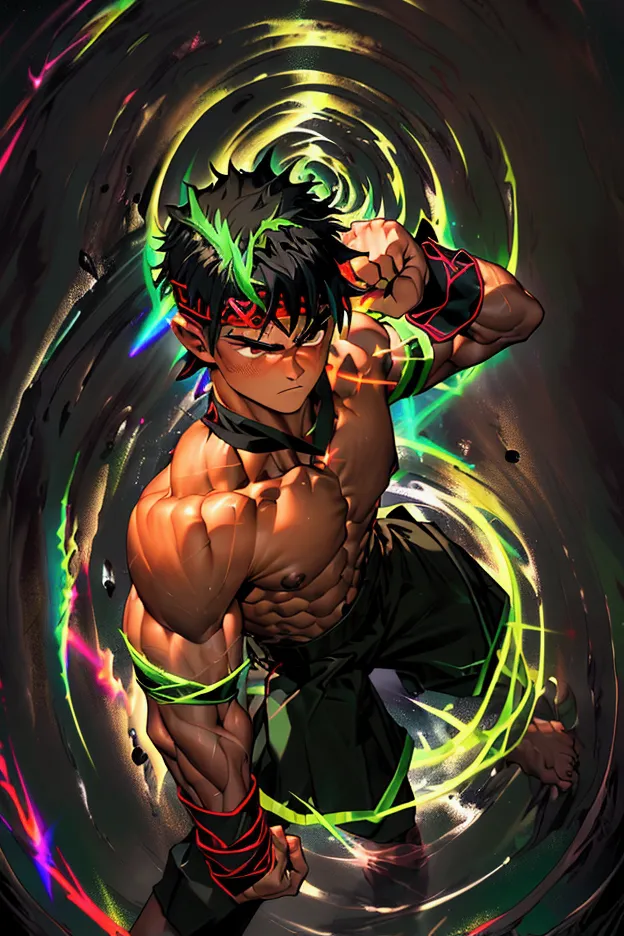 (Masterpiece, Best quality 17 year old boy, black background), solo, Young, boy, muscler, Shirtless, topless, ((((surrounded by swirling holy aura)))), (Dark Short straight hair, ((almost completely shaved hair)), under cut, brown eyes), (red headband, ((b...