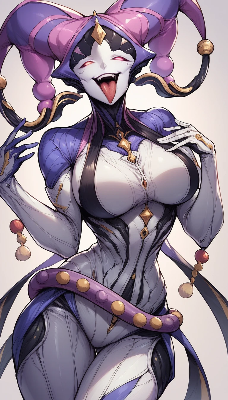 (warframe:1.2),mirage prime,white suit,big breasts,jester belt,black carnival jester,purple neon seams,robot joint,intricate,sexy pose,look at viewer,sexy,no face,no mouth,big mouth,no teeth,open mouth,tongue out,very long tongue,smug