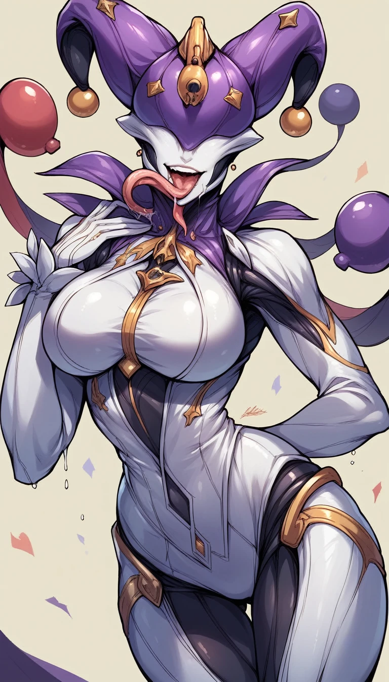 (warframe),mirage prime,white suit,big breasts,jester helmet,black carnival jester,purple neon seams,robot joint,intricate,sexy pose,look at viewer,sexy,no face,no mouth,big mouth,no teeth,open mouth,tongue out,very long tongue,smile,saliva,drooling