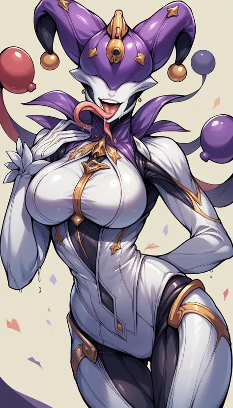 (warframe),mirage prime,white suit,big breasts,jester helmet,black carnival jester,purple neon seams,robot joint,intricate,sexy ...