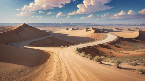 (desert  :1.2),road ,(รถกระบะวิ่งบนroad:1.2)  landscape:1.5 , (((There&#39;s an ambulance far away.)))
