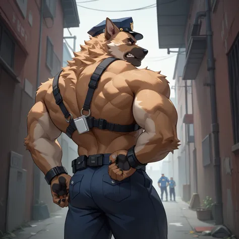 （furry、dog police officer）、dark back alley、hands restrained behind your back、front、muscular、estrus、looks frustrated、are standing