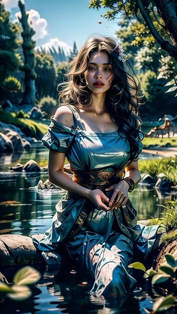 High quality fingers, normal hands, detailed fingers,​masterpiece, (realisti, fotorealisti:1.37), (16 year old Korean girl), in sheer blue saree, translucent blue bra, a big flower on her hair, mountains, See, Trees, clouds, Mid Chest, narrow waists, dark black hair, Beautiful face, perfect illumination, beautiful detailed hazel eyes,looking down at viewer, Breathtakingly beautiful woman, Detailed hairstyle, Fantasy detailed background, Detailed fantasy background, (sweating:1), falling petals, open hair, wind, Firefly, Swimming in the lake, Boot, swan,beautiful digital art, very beautiful digital art, Close-up fantasy with water magic, Beautiful fantasy art, gorgeous digital painting, beautiful digital illustration, gorgeous digital painting