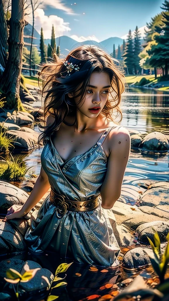 High quality fingers, normal hands, detailed fingers,​masterpiece, (realisti, fotorealisti:1.37), (16 year old Korean girl), in sheer blue saree, translucent blue bra, a big flower on her hair, mountains, See, Trees, clouds, Mid Chest, narrow waists, dark black hair, Beautiful face, perfect illumination, beautiful detailed hazel eyes,looking down at viewer, Breathtakingly beautiful woman, Detailed hairstyle, Fantasy detailed background, Detailed fantasy background, (sweating:1), falling petals, open hair, wind, Firefly, Swimming in the lake, Boot, swan,beautiful digital art, very beautiful digital art, Close-up fantasy with water magic, Beautiful fantasy art, gorgeous digital painting, beautiful digital illustration, gorgeous digital painting