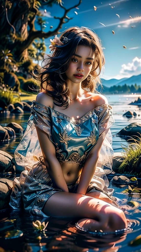 High quality fingers, normal hands, detailed fingers,​masterpiece, (realisti, fotorealisti:1.37), (16 year old Korean girl), in sheer blue saree, translucent blue bra, a big flower on her hair, mountains, See, Trees, clouds, Mid Chest, narrow waists, dark black hair, Beautiful face, perfect illumination, beautiful detailed hazel eyes,looking down at viewer, Breathtakingly beautiful woman, Detailed hairstyle, Fantasy detailed background, Detailed fantasy background, (sweating:1), falling petals, open hair, wind, Firefly, Swimming in the lake, Boot, swan,beautiful digital art, very beautiful digital art, Close-up fantasy with water magic, Beautiful fantasy art, gorgeous digital painting, beautiful digital illustration, gorgeous digital painting