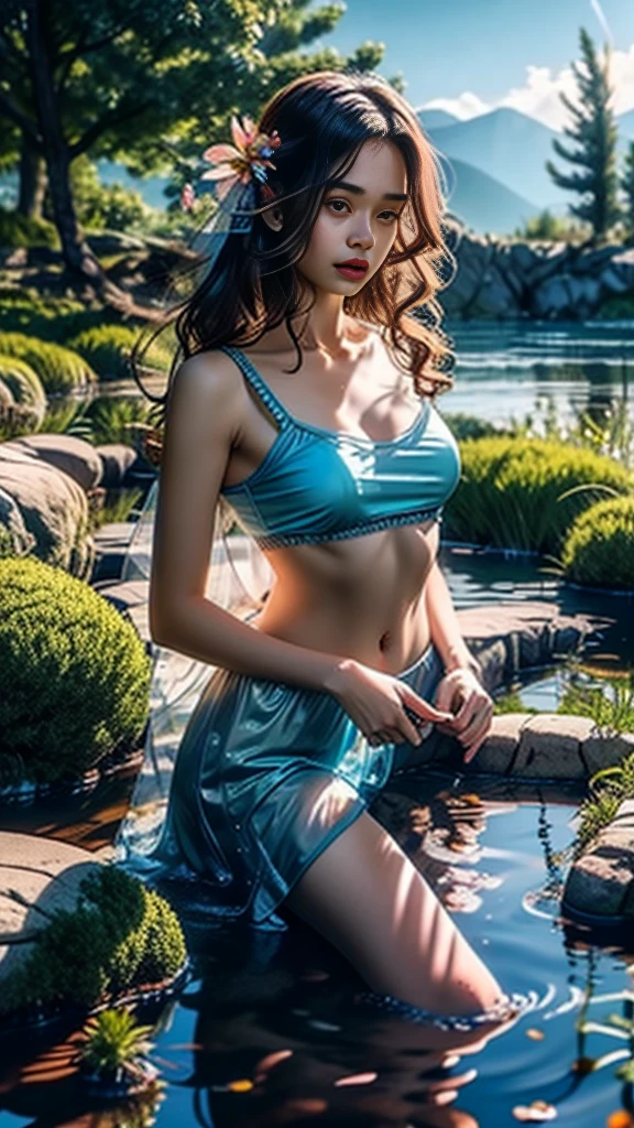 High quality fingers, normal hands, detailed fingers,​masterpiece, (realisti, fotorealisti:1.37), (16 year old Korean girl), in sheer blue saree, translucent blue bra, a big flower on her hair, mountains, See, Trees, clouds, Mid Chest, narrow waists, dark black hair, Beautiful face, perfect illumination, beautiful detailed hazel eyes,looking down at viewer, Breathtakingly beautiful woman, Detailed hairstyle, Fantasy detailed background, Detailed fantasy background, (sweating:1), falling petals, open hair, wind, Firefly, Swimming in the lake, Boot, swan,beautiful digital art, very beautiful digital art, Close-up fantasy with water magic, Beautiful fantasy art, gorgeous digital painting, beautiful digital illustration, gorgeous digital painting