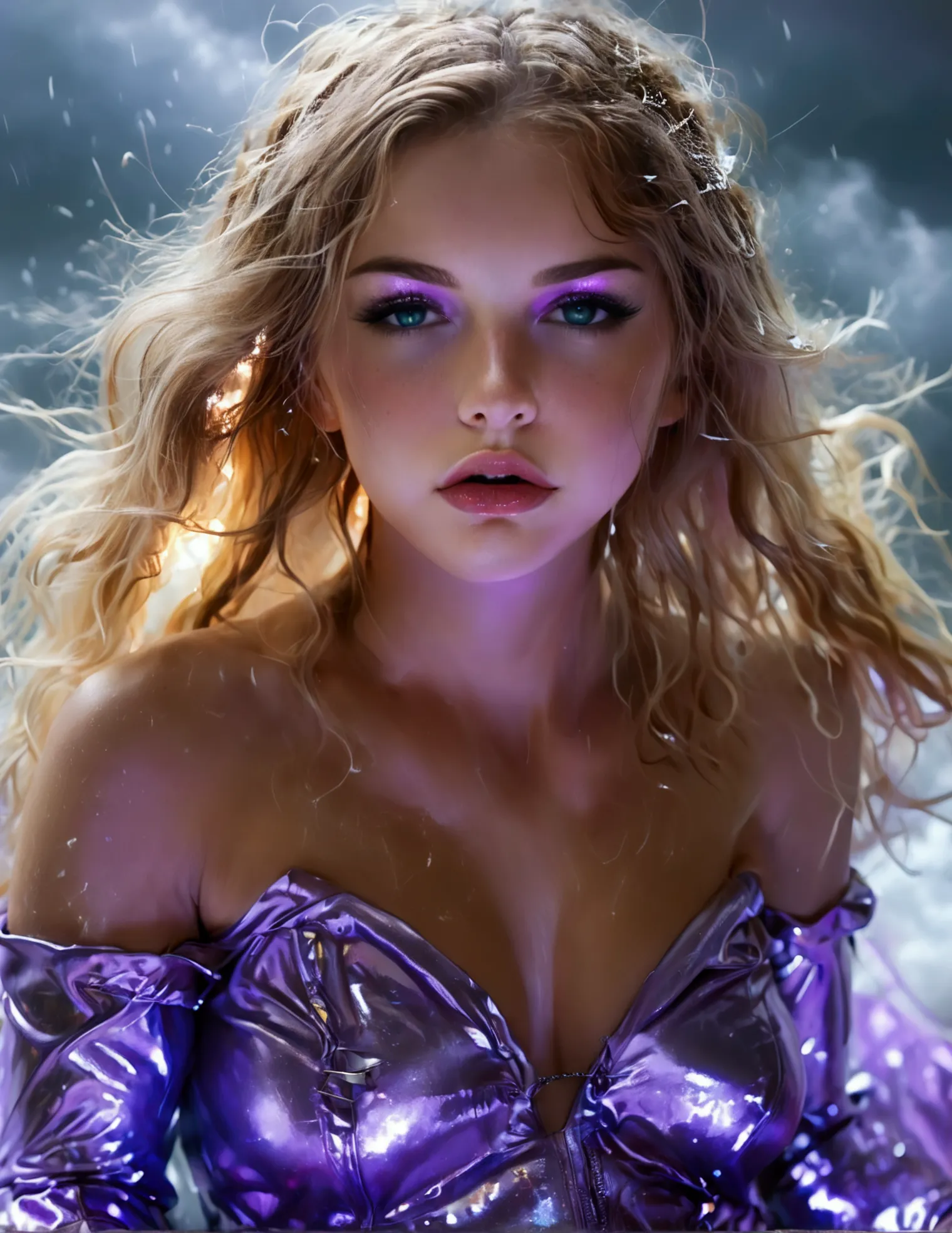 A cute woman (nude, age 25, violet eyes, violet metallic sleeves, violet metallic thigh high boots) is a lightning goddess float...