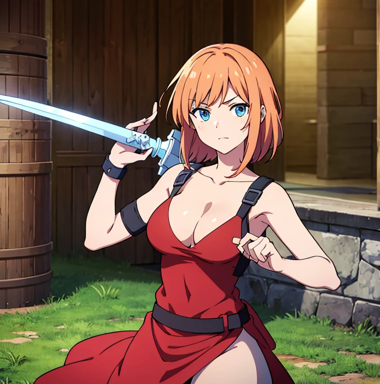 an animated character is in the background of a video game screener and an image of a girl in an with a sword on her shoulder and her breasts spread out