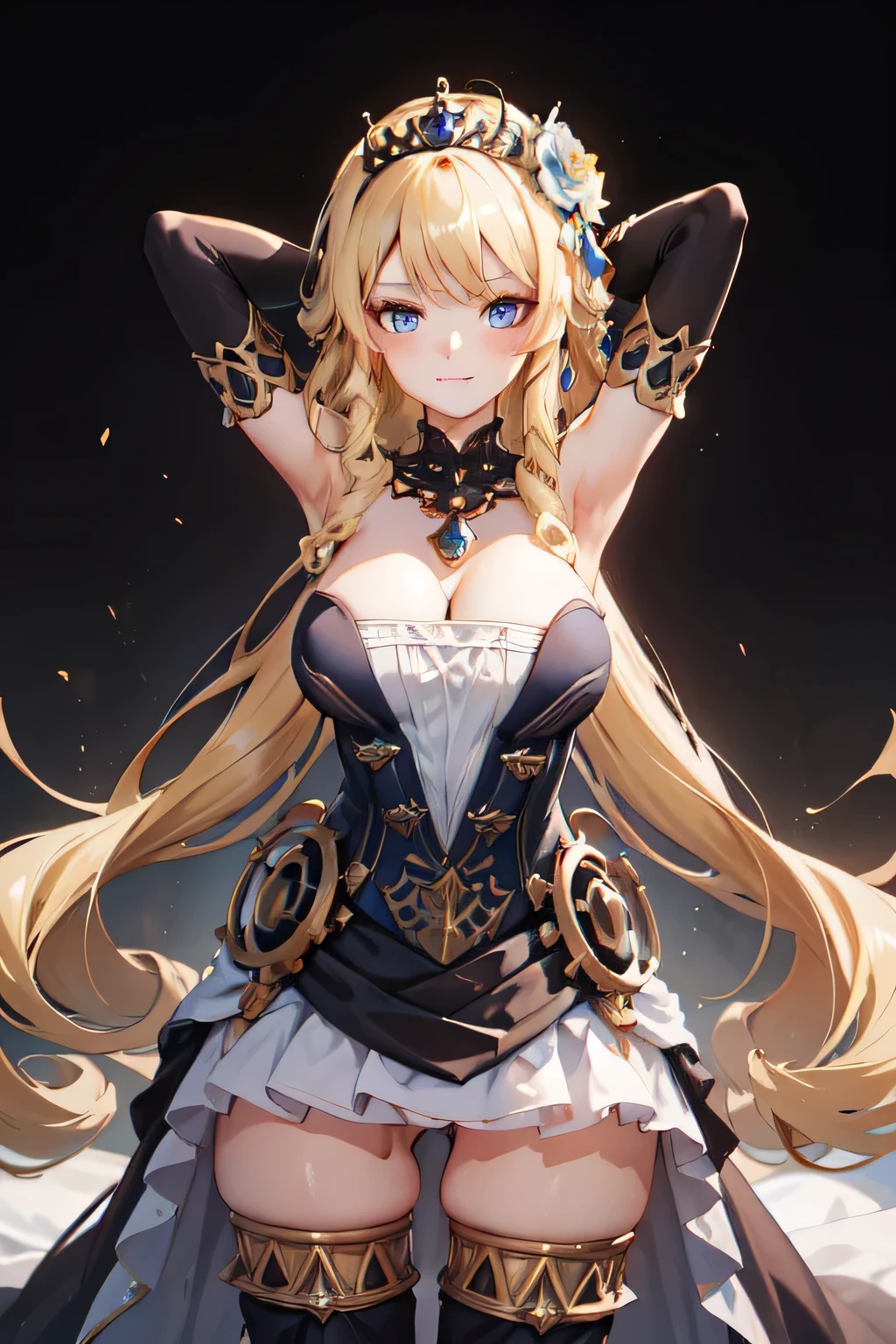 (masterpiece, best quality), 1girl,  navia,long hair,blonde hair, blue eyes,open dress,bangs,gloves,bare shoulders, cleavage, thighhighs,black gloves,drill hair,detached sleeves, spread legs, pussy, arms behind head, both armpits, cowboy shot, smile, beautiful face, looking at viewer, full body, tiara