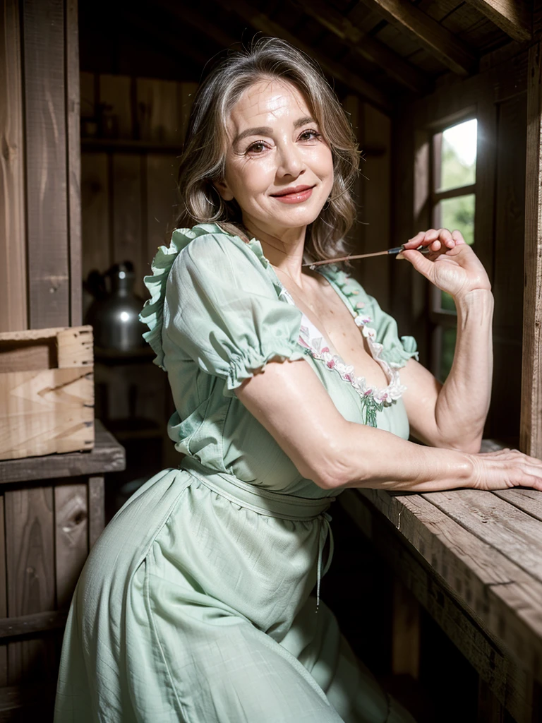 (masterpiece:1.4),(Beautiful  66 year old woman:1.5),(Facial wrinkles : 1.2), detailed face, (traditional dirndl : 1.2), (plump body : 1), white skin, pores, skin blemishes, dull skin, gentle smile, wavy hair, large saggy breasts, (hanging breasts), limp breasts, soft breasts, flabby breasts, flexible breasts, in a shed, detailed backgrounds,