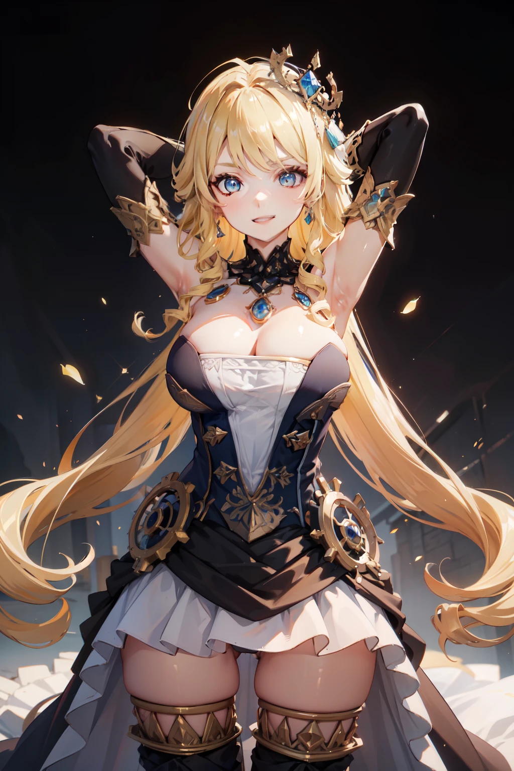 (masterpiece, best quality), 1girl,  navia,long hair,blonde hair, blue eyes,open dress,bangs,gloves,bare shoulders, cleavage, thighhighs,black gloves,drill hair,detached sleeves, spread legs, pussy, arms behind head, both armpits, cowboy shot, smile, beautiful face, looking at viewer, full body, tiara