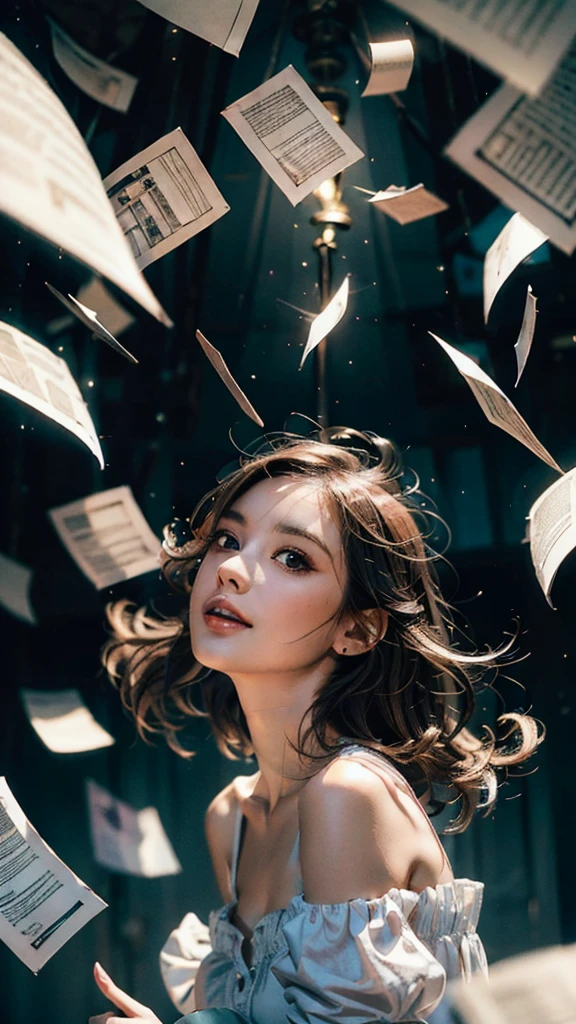 masterpiece,best quality,aesthetic,detailed face,subsurface scattering,looking up,
wrenchsfantasy,fantasy,1girl,photo of a cute girl,light smile,charming,20yo,ringlets hair.Hair flaps,Copper hair,glowing,cloud,colorful || starry,stars,paperexplosion,surrounded by papers,papers flying in the air,papers flying from,
space_style,style-swirlmagic,style-sylvamagic,rainbow-candy,
heavenly, celestial, delicate, elegant, stunning, magical atmosphere, illuminated, divine illumination, detailed, cinematic, extremely, focused, beautiful, intricate, amazing composition, aesthetic, sharp focus, perfect, brilliant